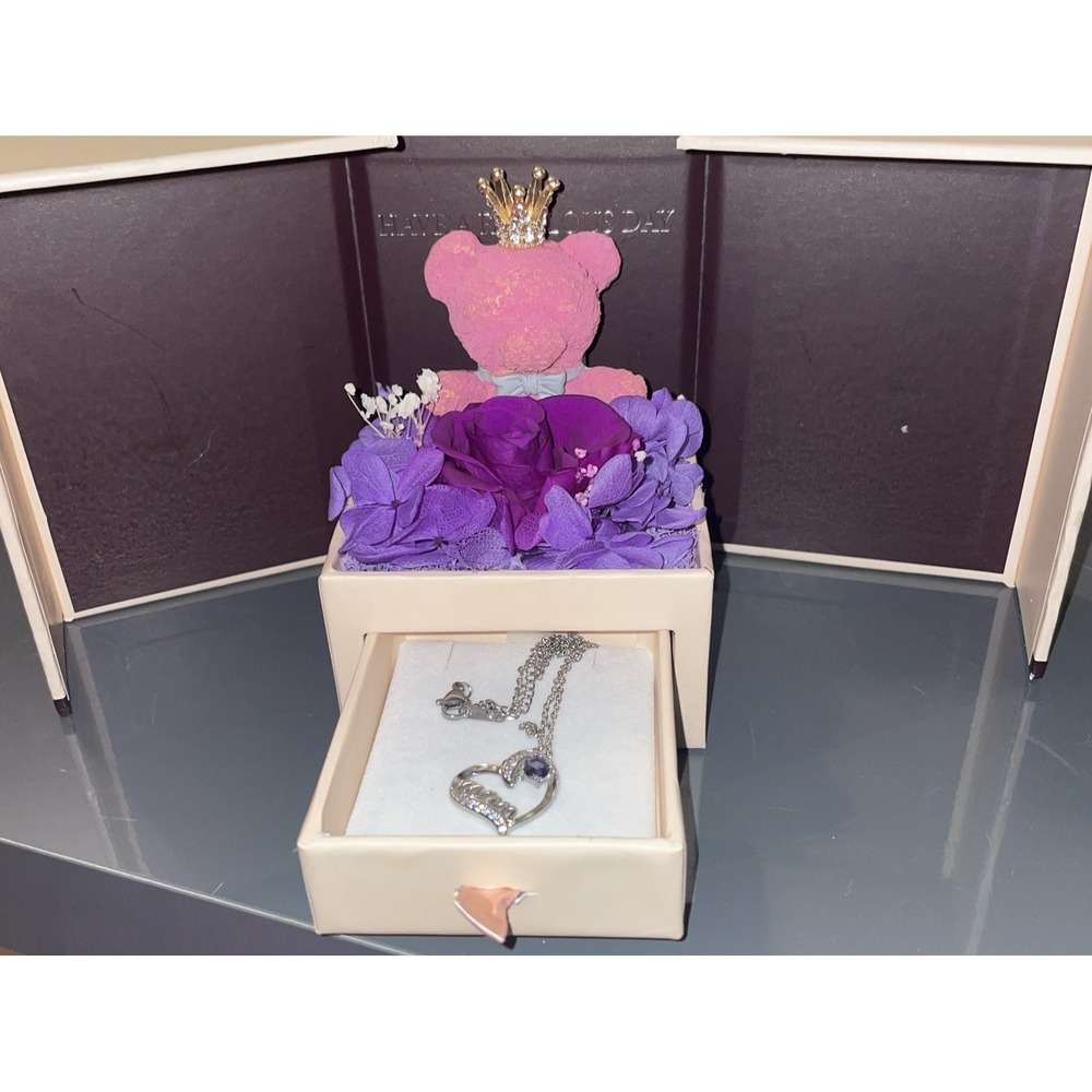 Preserved‎ Rose Moss Bear Purple Amethyst Stone MOM Silver Necklace Gift Box